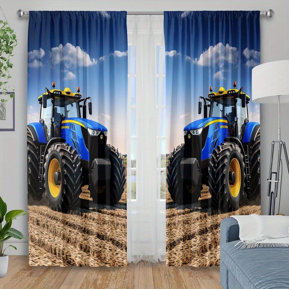 Agriculture Farming For Kids - Blue Tractor Curtain, Farm Machinery Print